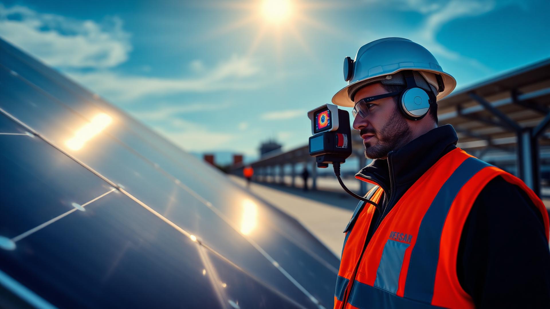 Engenheiro inspecionando usina solar com câmera térmica